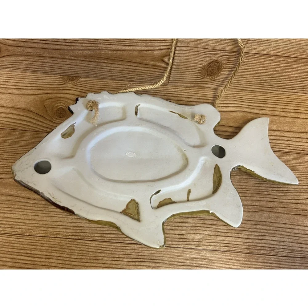 Ceramic Glazed Fish Wall Hanging Beige Brown Blue Polka Dots 14.5